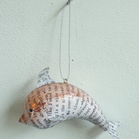 NEW Ocean Dolphin Porpoise Love Words Newsprint Holiday Christmas Tree Ornament - Picture 1 of 2